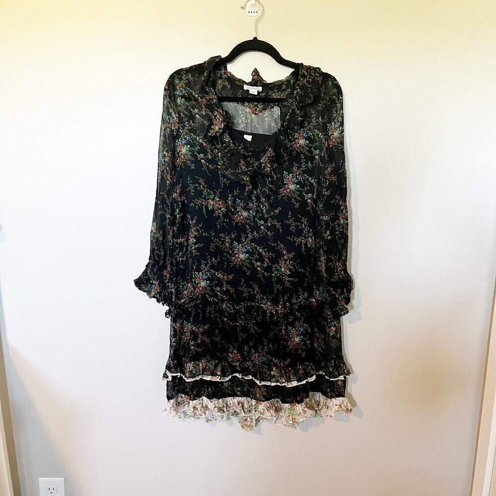 Sundance Mist in‎ the meadows dress black floral long sleeve ruffles small